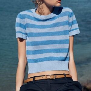 Zara Light Blue and Blue Striped Short Sleeve Knit Tee